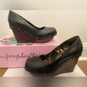 Irregular Choice Walk On Love Black Leather Platform Wedge 7 7.5